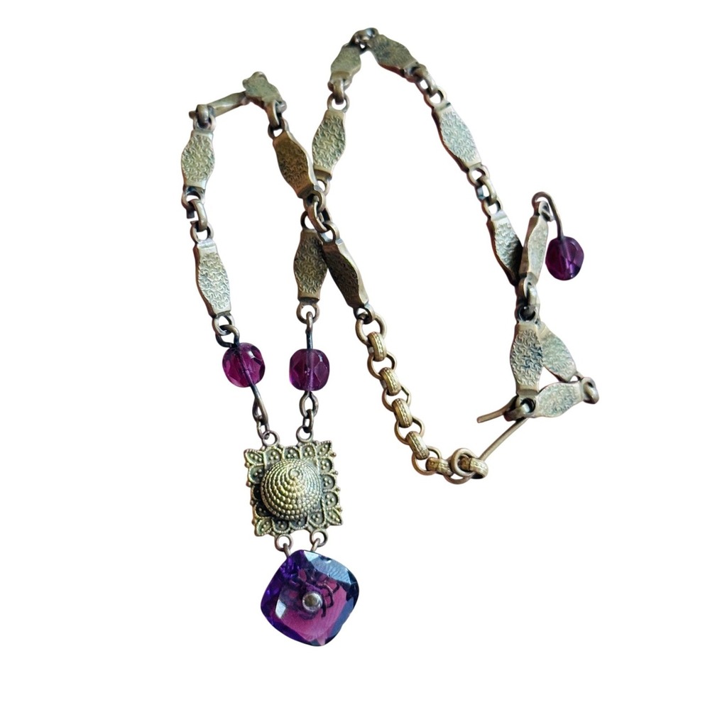 VTG Flapper Art Deco Czech Purple Glass Necklace Filigree Choker Regency Brass